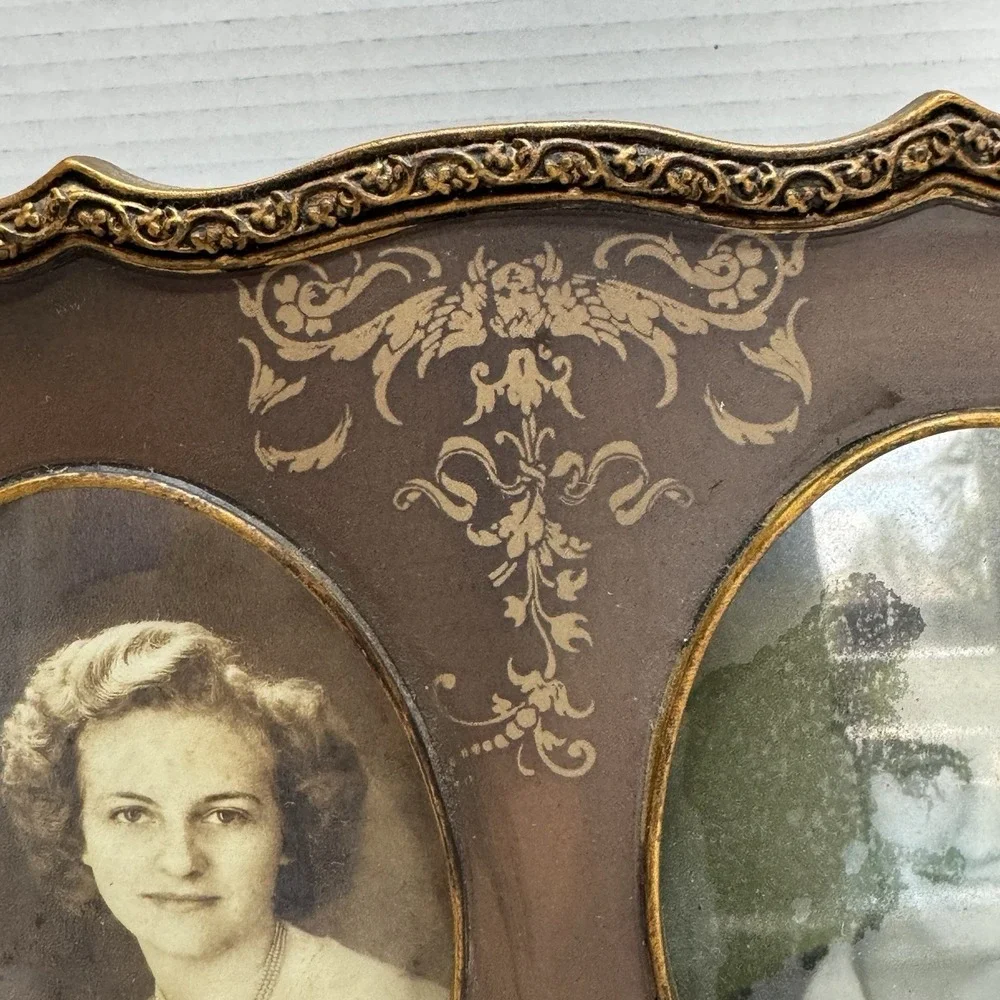Vtg Antique Double Frame Picture Brown Gold Photo Ornate Young Woman Man Baroque